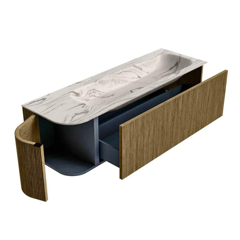 MONDIAZ KURVE-DLUX Meuble de salle de bains 145cm arrondi Gauche couleur Dusk avec 1 tiroir et 1 porte. Lavabo BIG LARGE Droite 2 trous de robinet Nata. SW1432406