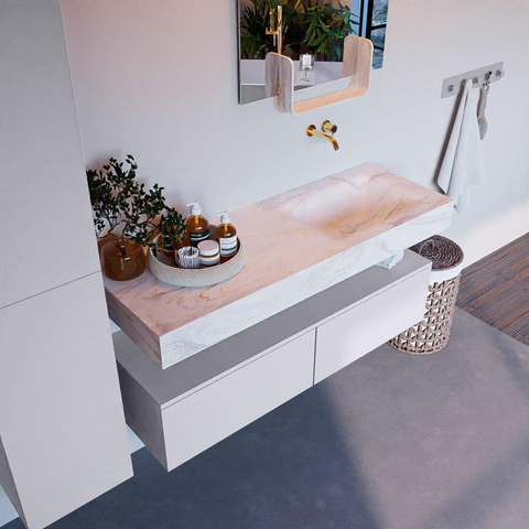 Mondiaz ALAN-DLUX Ensemble de meuble - 130cm - meuble Cale mat - 2 tiroirs - Lavabo Cloud Ostra suspendu - vasque droite - 0 trous de robinet SW807522