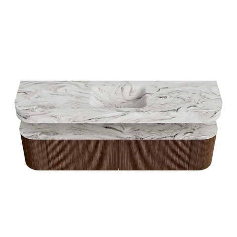 MONDIAZ THOR-DLUX 180cm badmeubel ronding links + rechts kleur Walnut met 2 lades en 2 deuren. Vrijhangende wastafel CLOUD Midden zonder kraangat kleur Glace. SW1465941