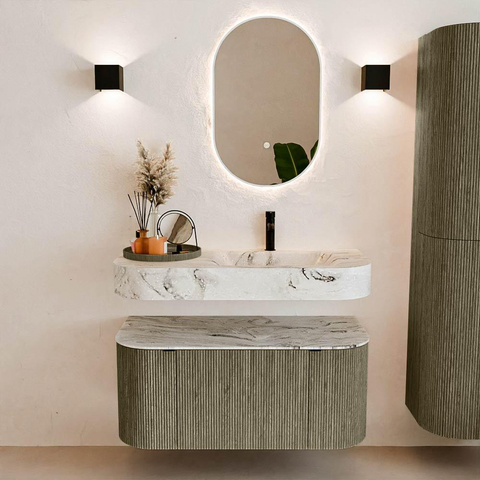 MONDIAZ THOR-DLUX 100cm meuble de salle de bains arrondi gauche + droite couleur Shadow avec 1 tiroir et 2 portes. Vasque suspendue CLOUD Droite 1 trou de robinet couleur Glace. SW1467515