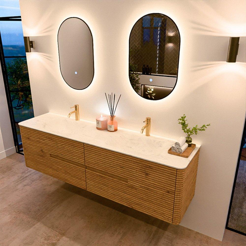 Mondiaz CIRO-DLUX Badkamermeubelset - 180x45x50cm - Solid surface wastafel Opalo - 2 wasbak Dubbel - 2 kraangaten - 4 lades - Oak SW1531062