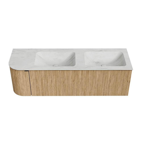 MONDIAZ KURVE-DLUX meuble de salle de bains 145 cm avec module 25 L couleur Oak avec 1 tiroir et 1 porte. Lavabo LEAF double / à droite sans trou de robinet couleur Opalo. SW1137569