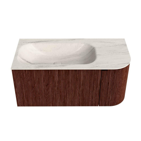 MONDIAZ KURVE-DLUX 95cm badmeubel ronding Rechts kleur Ruby met 1 lade en 1 deur. Wastafel BIG SMALL Links 1 kraangat Meli. SW1432050