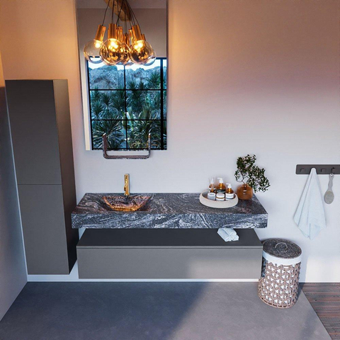 Mondiaz ALAN-DLUX Ensemble de meuble - 150cm - meuble Plata mat - 1 tiroir - Lavabo Cloud Lava suspendu - vasque Gauche - 1 trou de robinet SW808547