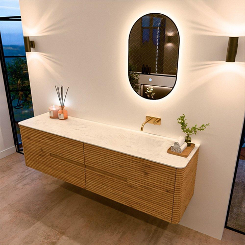 Mondiaz CIRO-DLUX Badkamermeubelset - 180x45x50cm - Solid surface wastafel Opalo - 1 wasbak Rechts - zonder kraangaten - 4 lades - Oak SW1531061