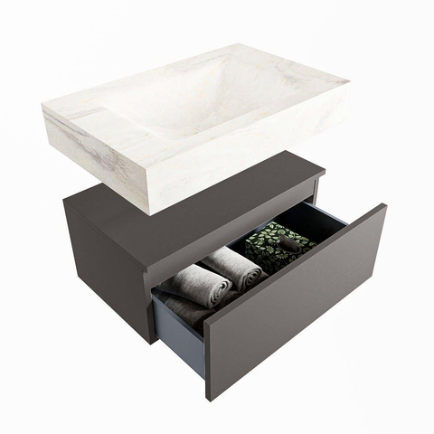 Mondiaz ALAN-DLUX Ensemble de meuble - 70cm - meuble Dark grey mat - 1 tiroir - Lavabo Cloud Ostra suspendu - vasque Centre - 0 trous de robinet SW807431