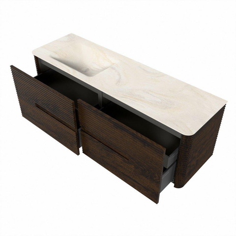 Mondiaz CIRO-DLUX Meuble de salle de bains - 150x45x50cm - lavabo en solid surface Ostra - 1 vasque à gauche - sans trous de robinetterie - 4 tiroirs - Noyer SW1530369
