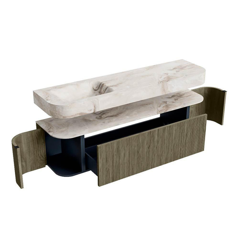 MONDIAZ THOR-DLUX 170cm meuble de salle de bains arrondi gauche + droite couleur Shadow avec 1 tiroir et 2 portes. Vasque suspendue CLOUD Gauche 1 trou de robinet couleur Frappe. SW1465543