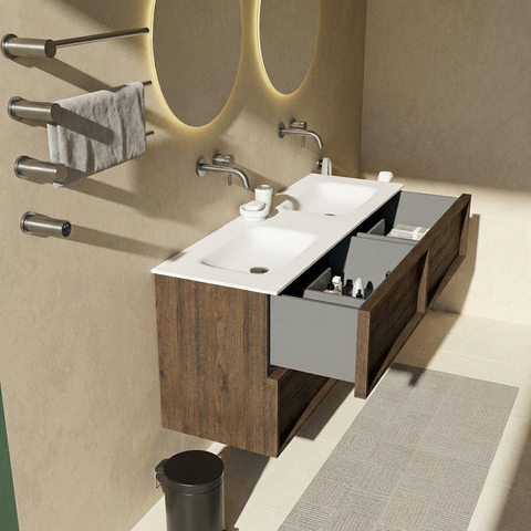 Saniclass Holz Frame Badkamermeubelset - 140x45x61.5cm - Flow solid surface wastafel wit - 2 wasbakken - zonder kraangaten - 4 lades - mat eiken charcoal (hout) SW1579780