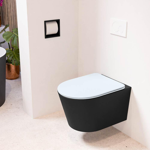 Mondiaz LAVIE hangtoilet – spoelrandloos – 36 x 53 cm – met softclose zitting – Urban (zwart), zitting Clay (lichtblauw/grijs) SW1208785