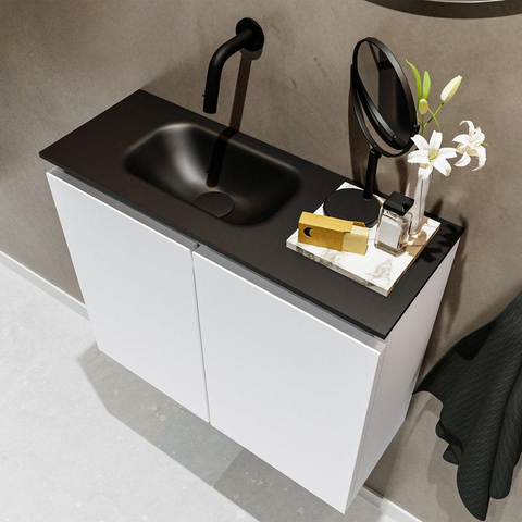MONDIAZ TURE Toiletmeubel 60x23x50cm met 0 kraangaten 2 deuren talc mat Wastafel Eden links Solid Surface Zwart SW475234