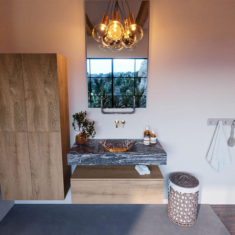 Mondiaz ALAN-DLUX Ensemble de meuble - 100cm - meuble Washed Oak mat - 1 tiroir - Lavabo Cloud Lava suspendu - vasque Centre - 0 trous de robinet SW809011