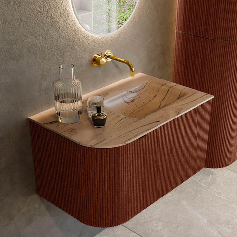 MONDIAZ KURVE-DLUX Meuble de salle de bains 75cm arrondi à gauche couleur Ruby avec 1 tiroir et 1 porte. Lavabo GRUNNE à droite sans trou de robinet Arena. SW1431466