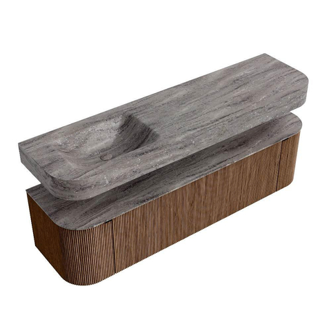 MONDIAZ THOR-DLUX 170cm badmeubel ronding links + rechts kleur Walnut met 1 lade en 2 deuren. Vrijhangende wastafel CLOUD Links 1 kraangat kleur Oza. SW1465683