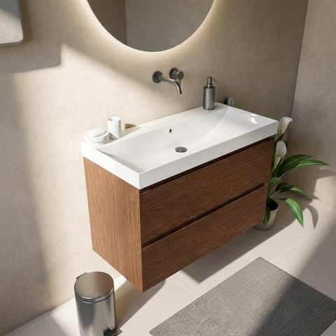 Saniclass Holz Pure Badkamermeubelset - 100x45x67.5cm - Wave keramische wastafel - 1 wasbak - zonder kraangat - 2 lades - mat walnut pure (hout) SW1479040