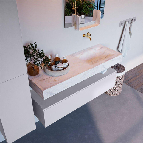 Mondiaz ALAN-DLUX Ensemble de meuble - 130cm - meuble Cale mat - 1 tiroir - Lavabo Cloud Ostra suspendu - vasque Droite - 0 trous de robinet SW807651