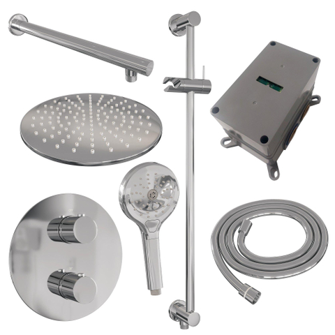 BRAUER Chrome Edition douche de pluie encastrée thermostatique - 3 voies - ronde - set 92 - pomme de douche 30cm - bras mural droit - douchette 3 jets - flexible de douche - barre de douche intégrée - chrome SW1159024