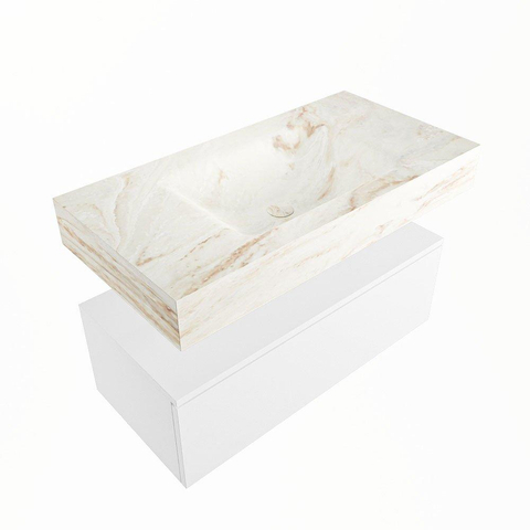 Mondiaz ALAN-DLUX Ensemble de meuble - 90cm - meuble Talc mat - 1 tiroir - Lavabo Cloud Frappe suspendu - vasque Centre - 1 trou de robinet SW804838