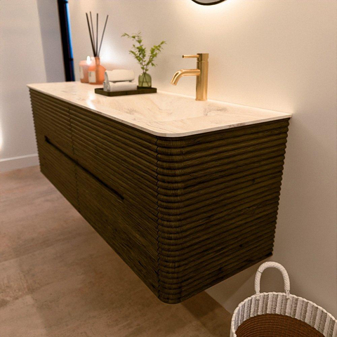 Mondiaz CIRO-DLUX Ensemble de meubles de salle de bains - 140x45x50cm - Plan vasque solid surface Ostra - 1 lavabo à droite - 1 trou de robinet - 4 tiroirs - Shadow SW1532468