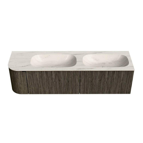 MONDIAZ KURVE-DLUX 165cm meuble de salle de bains arrondi gauche couleur Shadow avec 2 tiroirs et 1 porte. Lavabo STOR SMALL Double / Droite sans trou de robinet Meli. SW1431817