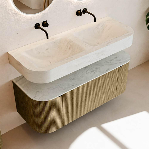 MONDIAZ THOR-DLUX Meuble de salle de bains - 120cm - arrondi gauche + droite - couleur Dusk - 1 tiroir - 2 portes - Vasque suspendue CLOUD Double sans trou de robinet - couleur Opalo SW1463284