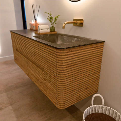 Mondiaz CIRO-DLUX Meuble de salle de bains - 140x45x50cm - Plan vasque solid surface Lava - 1 lavabo à droite - sans trous de robinetterie - 4 tiroirs - Chêne SW1531015