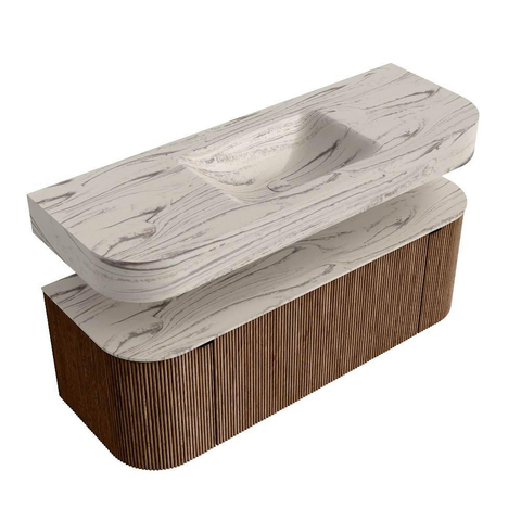 MONDIAZ THOR-DLUX Meuble de salle de bains 130cm arrondi gauche + droite couleur Walnut avec 1 tiroir et 2 portes. Vasque suspendue CLOUD Milieu sans trou de robinet couleur Nata. SW1463861