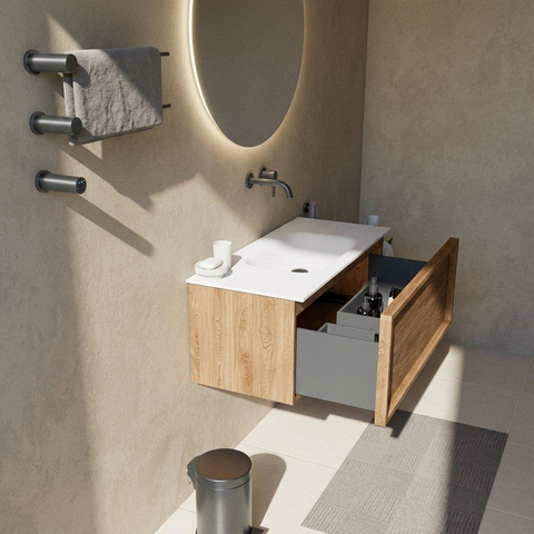Saniclass Holz Frame Badkamermeubelset - 100x45x41.5cm - Flow solid surface wastafel wit - 1 wasbak - zonder kraangat - 1 lade - mat eiken natural (hout) SW1479075