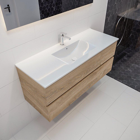 MONDIAZ VICA Ensemble de meuble salle de bain - 120cm - 2 tiroirs - lavabo Denia milieu - 1 trou de robinet - céramique chêne blanchi SW410095
