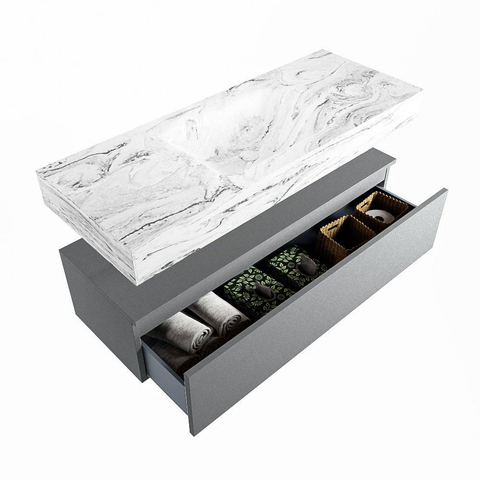 Mondiaz ALAN-DLUX Ensemble de meuble - 120cm - meuble Plata mat - 1 tiroir - Lavabo Cloud Glace suspendu - vasque Centre - 0 trous de robinet SW805941