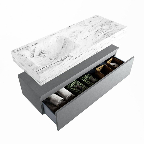 Mondiaz ALAN-DLUX Ensemble de meuble - 120cm - meuble Plata mat - 1 tiroir - Lavabo Cloud Glace suspendu - vasque Gauche - 0 trous de robinet SW806242