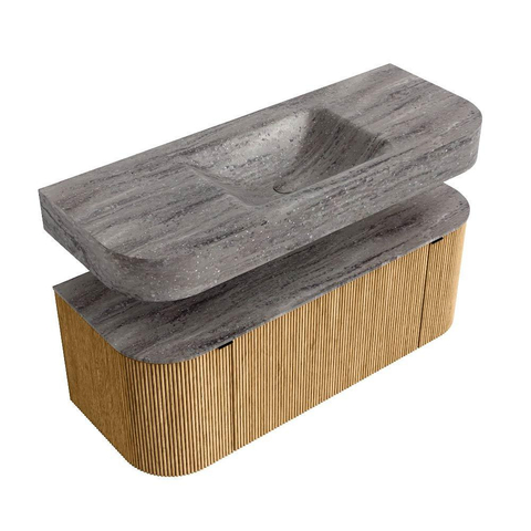 MONDIAZ THOR-DLUX 120cm badmeubel ronding links + rechts kleur Oak met 1 lade en 2 deuren. Vrijhangende wastafel CLOUD Midden zonder kraangat kleur Oza. SW1463383