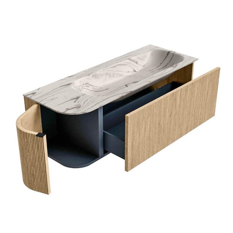 MONDIAZ KURVE-DLUX 125cm badmeubel ronding Links kleur Oak met 1 lade en 1 deur. Wastafel BIG MEDIUM Rechts zonder kraangat Nata. SW1432083