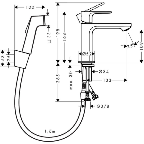 Hansgrohe Rebris e 1 greeps wastafelkraan - 110 bidette - handdouche en doucheslang - 160cm - zonder afvoer - hoogglans chroom SW796589
