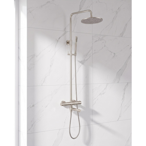 FugaFlow Eccelente Sobrado Regendoucheset - thermostatisch - 25cm hoofddouche - metalen slang - staaf handdouche - draaibare baduitloop - Geborsteld RVS PVD SW1592804