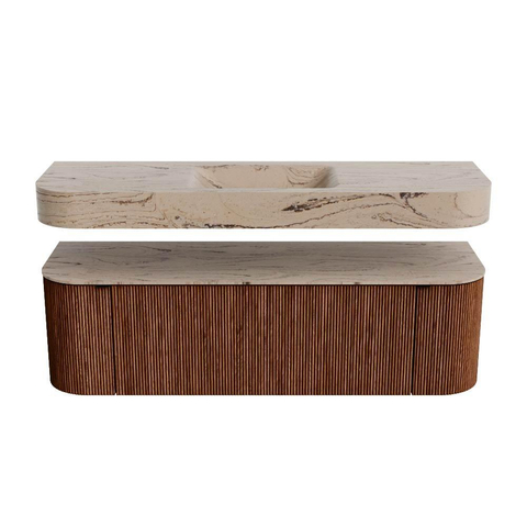 MONDIAZ THOR-DLUX 150cm meuble de salle de bains arrondi gauche + droite couleur Ruby avec 1 tiroir et 2 portes. Vasque suspendue CLOUD Milieu sans trou de robinet couleur Arena. SW1464734