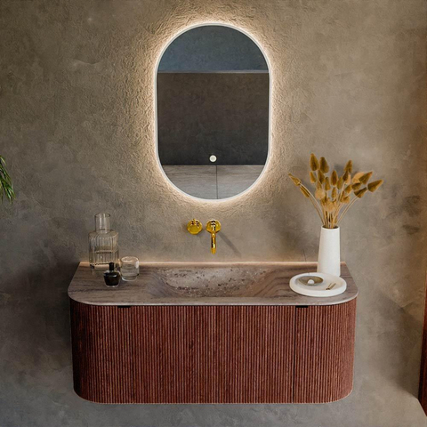 MONDIAZ KURVE-DLUX Meuble de salle de bains 110cm arrondi gauche + droite couleur Ruby avec 1 tiroir et 2 portes. Lavabo CLOUD central sans trou de robinet Oza. SW1432759