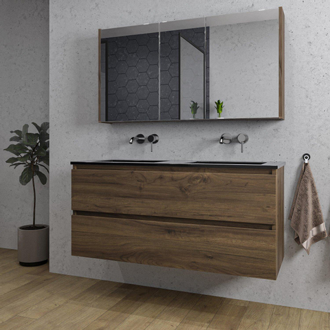 Saniclass Chaci Meuble de salle de bain - 120x46x55cm - lavabo en céramique noir - 2 vasques - sans trous de robinet - 2 tiroirs - armoire miroir - noyer (hout) SW856586