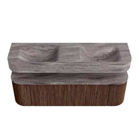 MONDIAZ THOR-DLUX 150cm badmeubel ronding links + rechts kleur Walnut met 1 lade en 2 deuren. Vrijhangende wastafel CLOUD Dubbel zonder kraangat kleur Oza. SW1464850