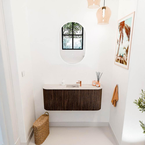 Mondiaz JOYA-DLUX 103.2cm toiletmeubel - ronding links en rechts kleur Walnut - Wastafel FAYE positie Midden 1 kraangat kleur Nata. SW1424550