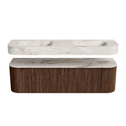 MONDIAZ THOR-DLUX 160cm badmeubel ronding links + rechts kleur Walnut met 1 lade en 2 deuren. Vrijhangende wastafel CLOUD Dubbel zonder kraangat kleur Frappe. SW1464989