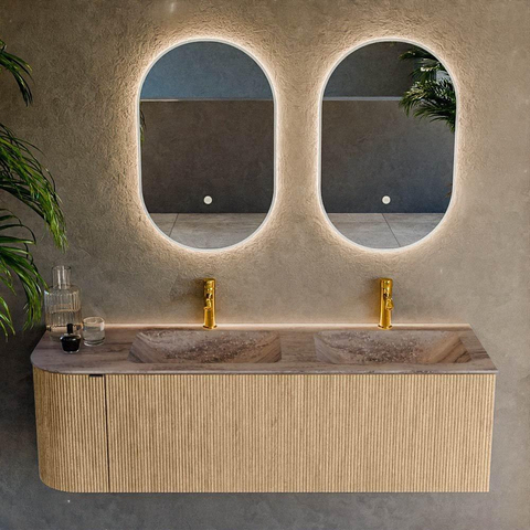 MONDIAZ KURVE-DLUX Meuble de salle de bains 145cm arrondi à gauche couleur Chêne avec 1 tiroir et 1 porte. Vasque LEAF Double / Droite 2 trous de robinet Oza. SW1434040