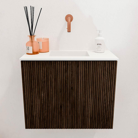 Mondiaz JOYA 50cm Meuble de salle de bains - couleur Walnut - Vasque FAYE position Milieu Sans trou de robinet couleur Talc SW1421259