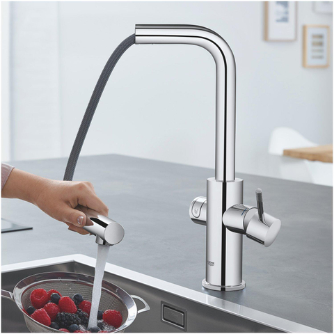 GROHE Blue Home Robinet de cuisine - bec en L extractible - monotrou - fonction de filtration - eau plate légère et pétillante - chrome SW236967