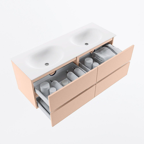 MONDIAZ VICA Ensemble meuble de salle de bains - 130cm - meuble bas rosee - 4 tiroirs - plan-vasque moon double - sans trous de robinet - version haute 60cm - talc SW1080397