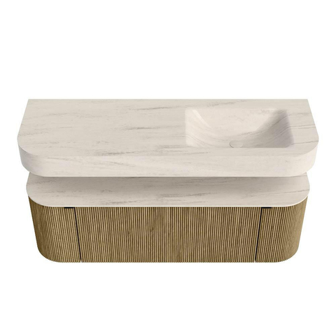 MONDIAZ THOR-DLUX 140cm meuble de salle de bains arrondi gauche + droite couleur Dusk avec 1 tiroir et 2 portes. Vasque suspendue CLOUD droite sans trou de robinet couleur Meli. SW1464402