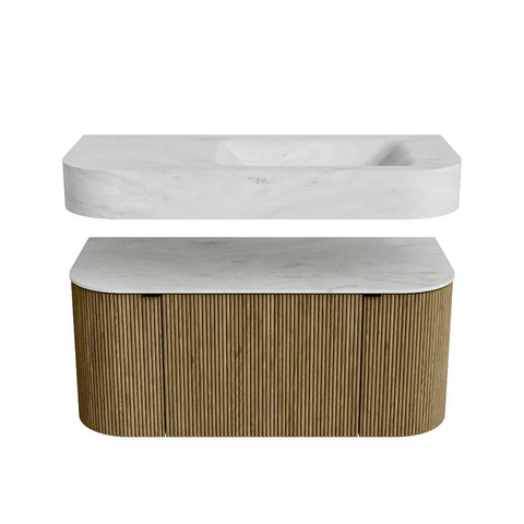 MONDIAZ THOR-DLUX 100cm meuble de salle de bains arrondi gauche + droite couleur Dusk avec 1 tiroir et 2 portes. Vasque suspendue CLOUD droite sans trou de robinet couleur Opalo. SW1467406