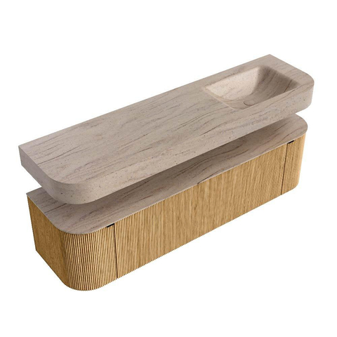 MONDIAZ THOR-DLUX 170cm badmeubel ronding links + rechts kleur Oak met 1 lade en 2 deuren. Vrijhangende wastafel CLOUD Rechts 1 kraangat kleur Saba. SW1465715