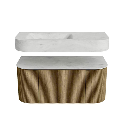 MONDIAZ THOR-DLUX 100cm meuble de salle de bains arrondi gauche + droite couleur Dusk avec 1 tiroir et 2 portes. Vasque suspendue CLOUD Gauche 1 trou de robinet couleur Opalo. SW1467351