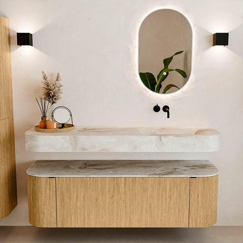 MONDIAZ THOR-DLUX 150cm badmeubel ronding links + rechts kleur Oak met 1 lade en 2 deuren. Vrijhangende wastafel CLOUD Rechts zonder kraangat kleur Frappe. SW1464567